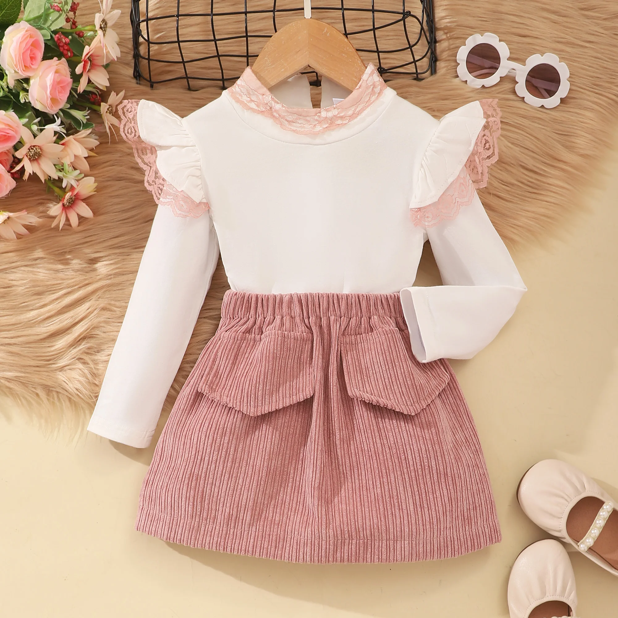 

Teen Girls Clothing Girls Outfits 2 Pcs Sets Lace Flying Sleeve Tops+skirt Spring Autumn Girl Clothes Fashion Kids Clothes 1-6Y