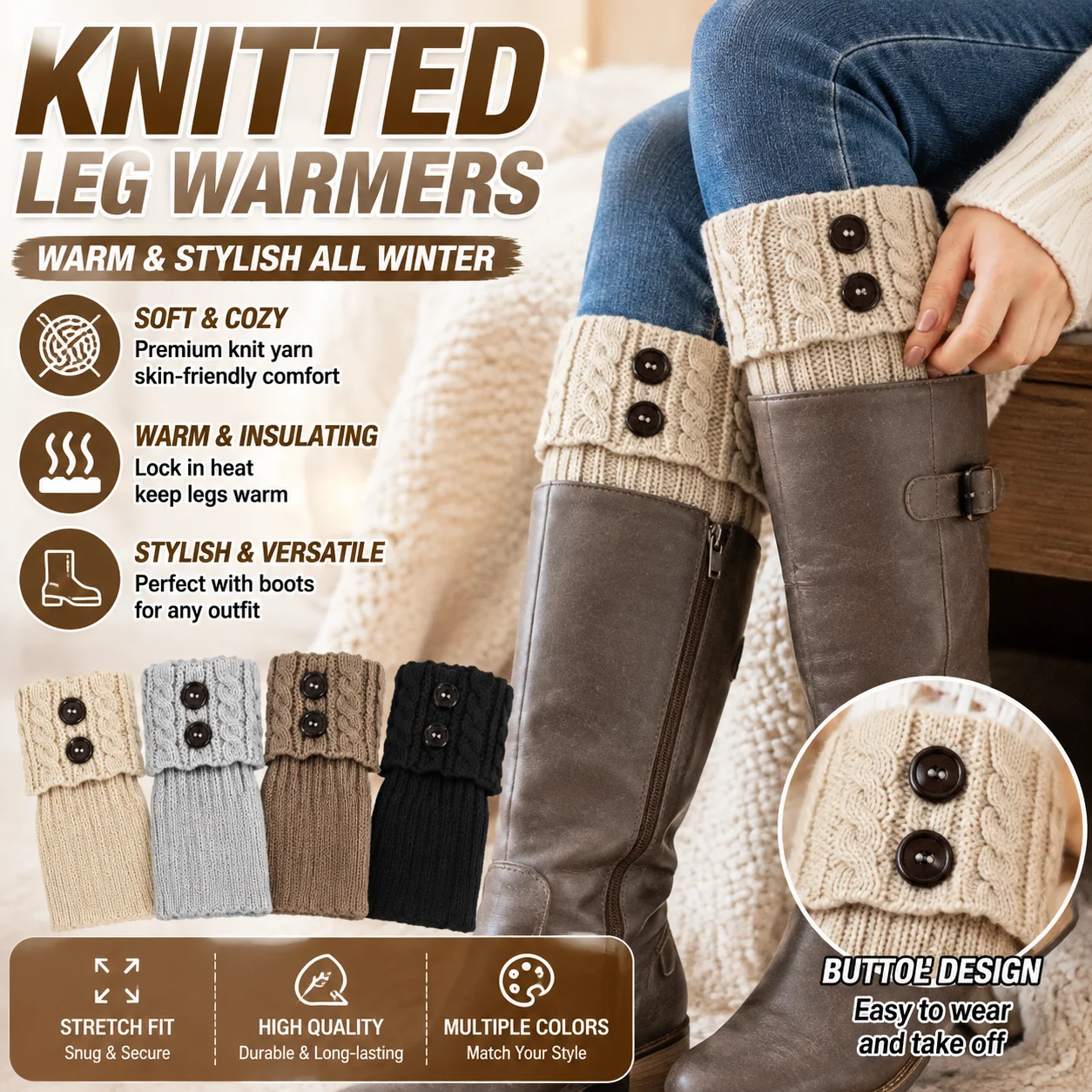 Button Cable Knit Wool Ankle Leg Warmers Women Short Foot Covers Cozy Winter Boot Socks Toppers Autumn Knitted Accessories Set