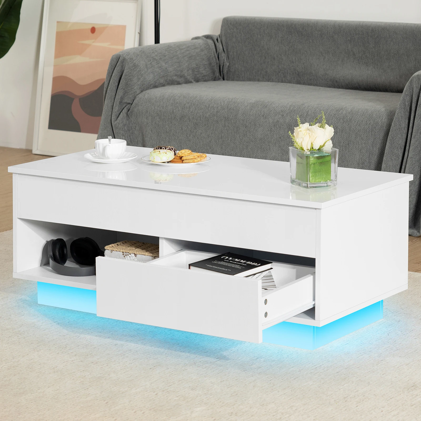 LED Lift Top Coffee Table with RGB Lights USB Power High Gloss 2 Hidden Storage Drawers Adjustable Height Living Room Table