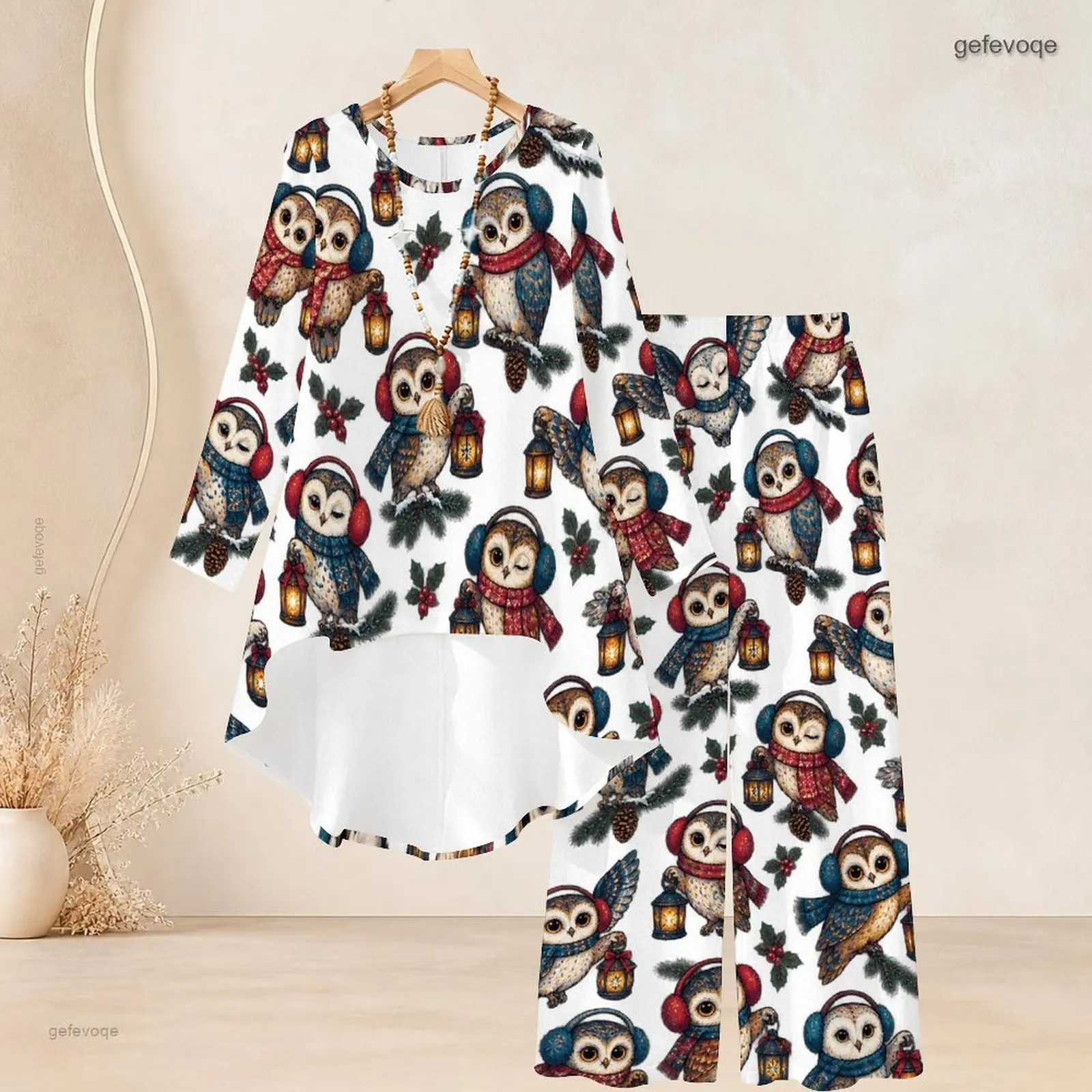 Women Cute Owl Lantern Holly Printed Round Neck Long Sleeve Top Wide Leg Pants Two Piece Set
