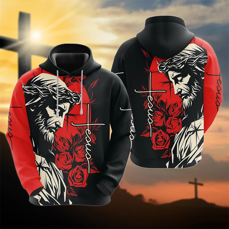 Christian Jesus 3D Print Hoodies For Men Clothes Easter Gifts Tracksuit Animal Lion Pullovers Cross Graphic Sweatshirts Y2k Tops