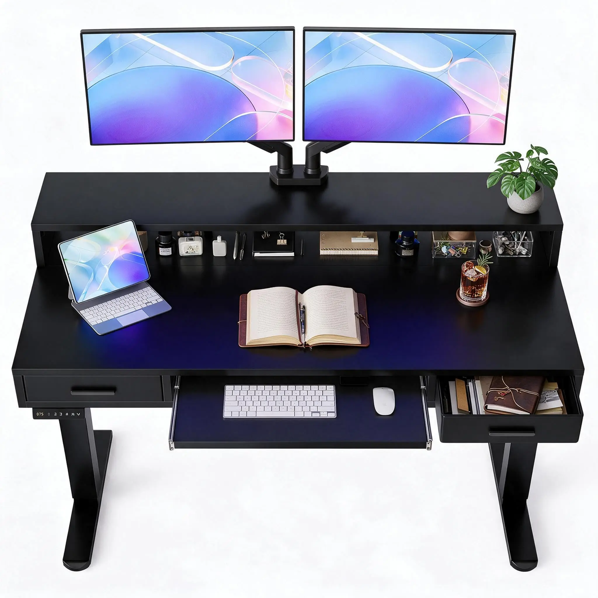 55″ X 26″ Electric Standing Desk with 2 Drawers &24.4″ Large Keyboard Tray, C-Clamp Mount Compatible, Adjustable