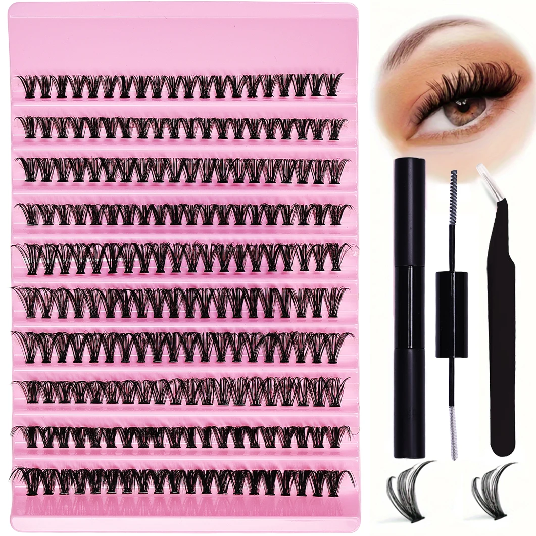 Eyelash Extension Kit, 200pcs Individual Lashes Cluster D Curl, Mixed Lengths with Tweezers and Adhesive for use at home