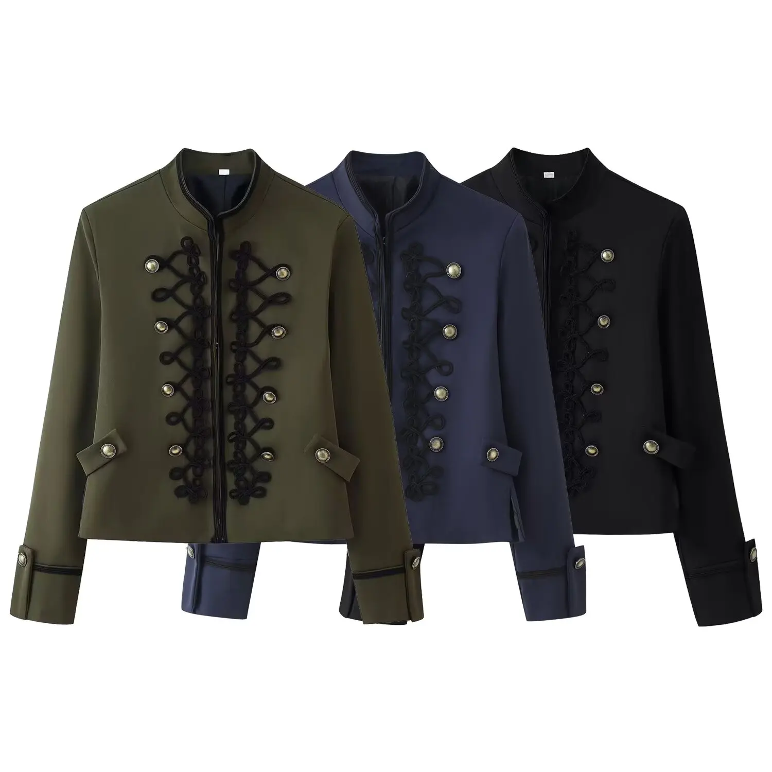 Women Woven Patchwork Napoleon Jacket 2026Spring Long Sleeve Hook Closure Street Blazer Outerwear Chic Top Casual Edgy Crop Coat