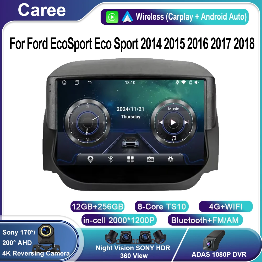 

Android 14 Carplay Auto Car Radio For Ford EcoSport Eco Sport 2014 2015 2016 2017 2018 GPS Recorder Multimedia Player 4G+BT DSP