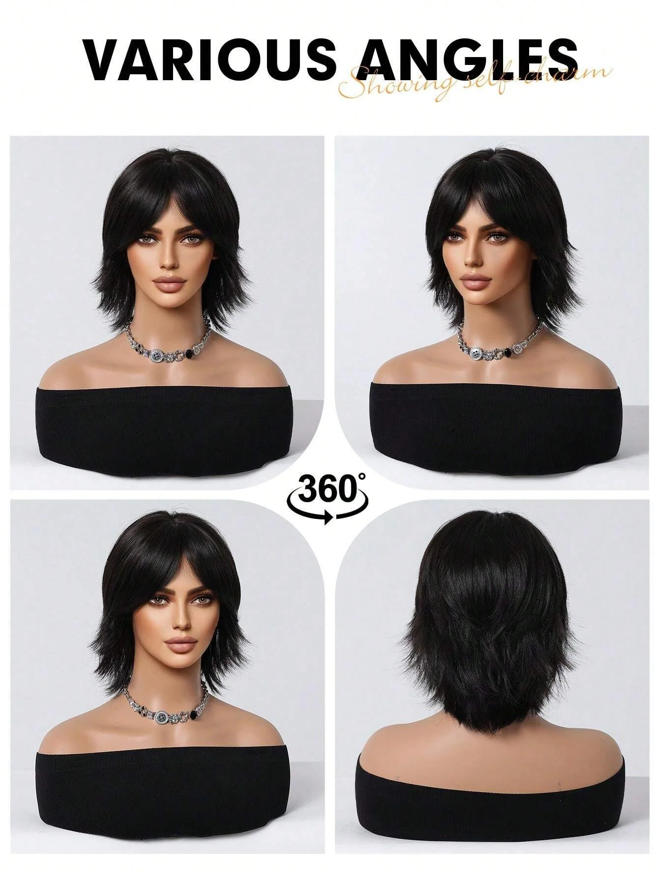 前髪付き12インチショートサーモンヘッドウィッグ、女性用ショートストレートブラック合成ウィッグ、パーティー日常使用エルフカットショートウィッグ