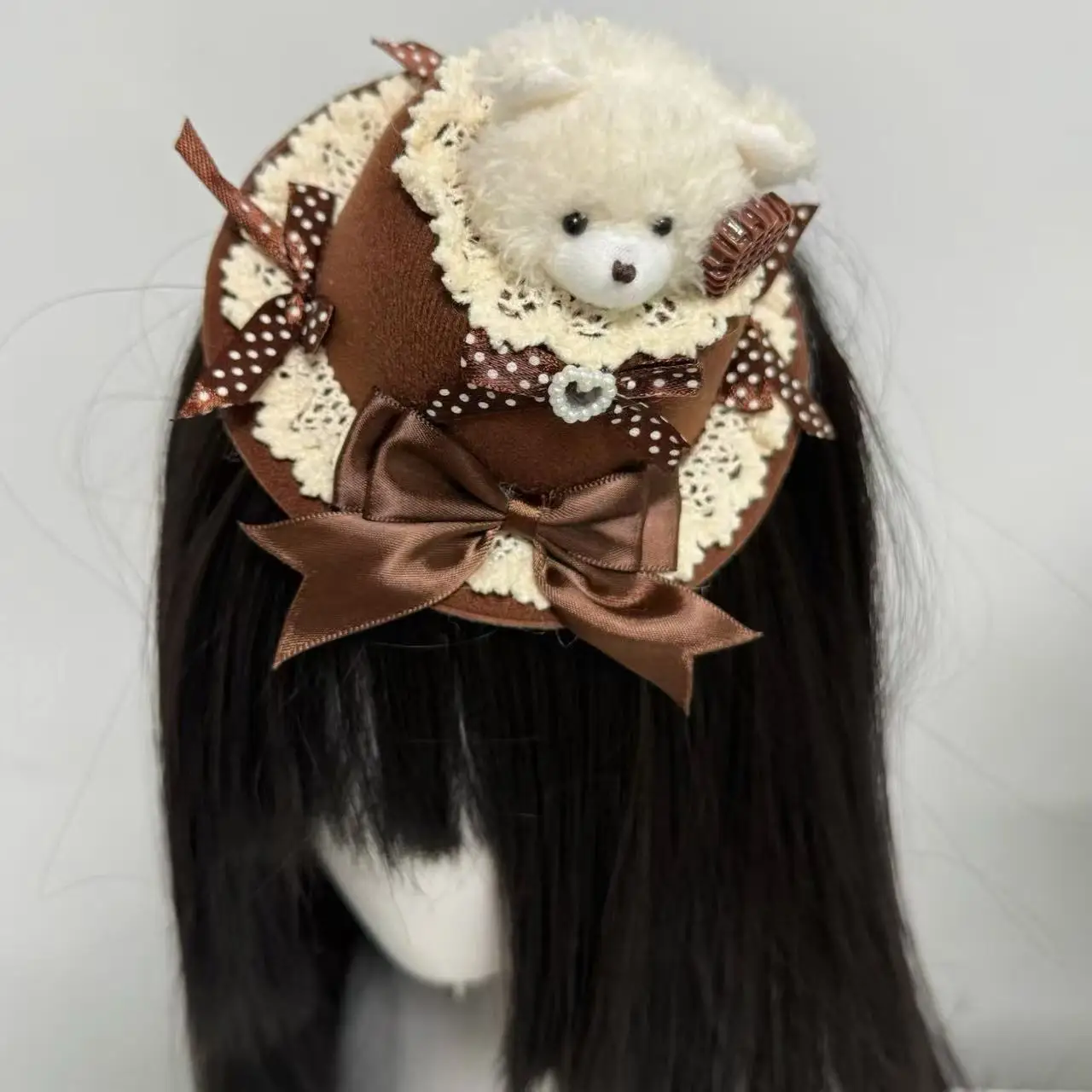 

Милый шоколадный медвежонок-крабик для волос в стиле Лолита с бантом и кружевом, ручной работы, для девочек