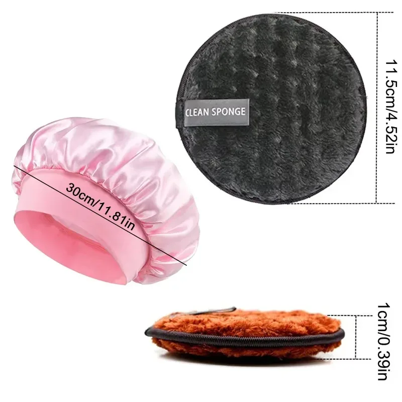 3pcs Satin Bonnet Set Reusable Makeup Remover Puff Towel Washable Cotton Pads Sleeping Hat Face Cosmetics Cleansing Tools Kit