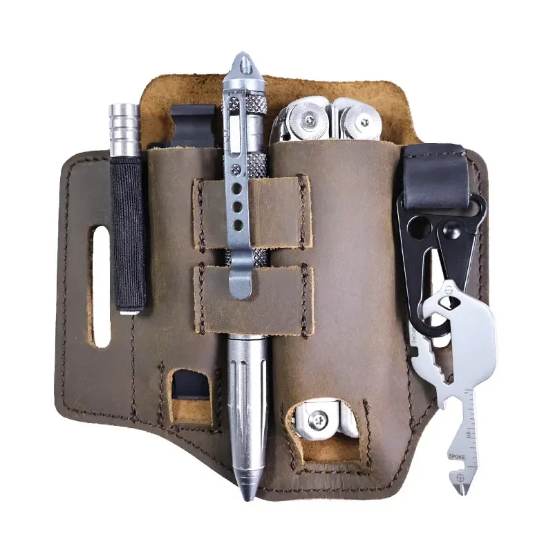 حامل متعدد المهام للعمل في الهواء الطلق، حزمة مراوح تكتيكية، منظم من الجلد الطبيعي، أداة سكين قابلة للطي، حقيبة حزام الخصر #3