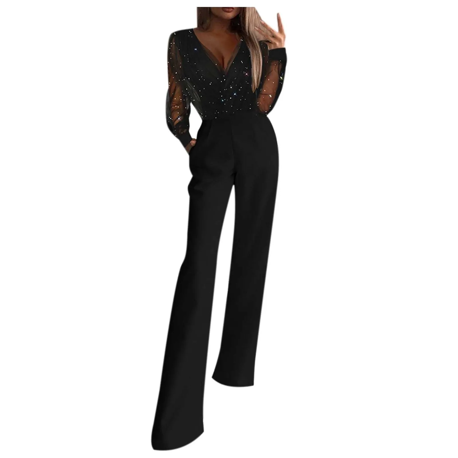 Elegant Jumpsuit Women V-Neck Mesh Long Sleeve Business Casual Straight Leg Long Rompers Office Lady Overalls Combinaison Femme