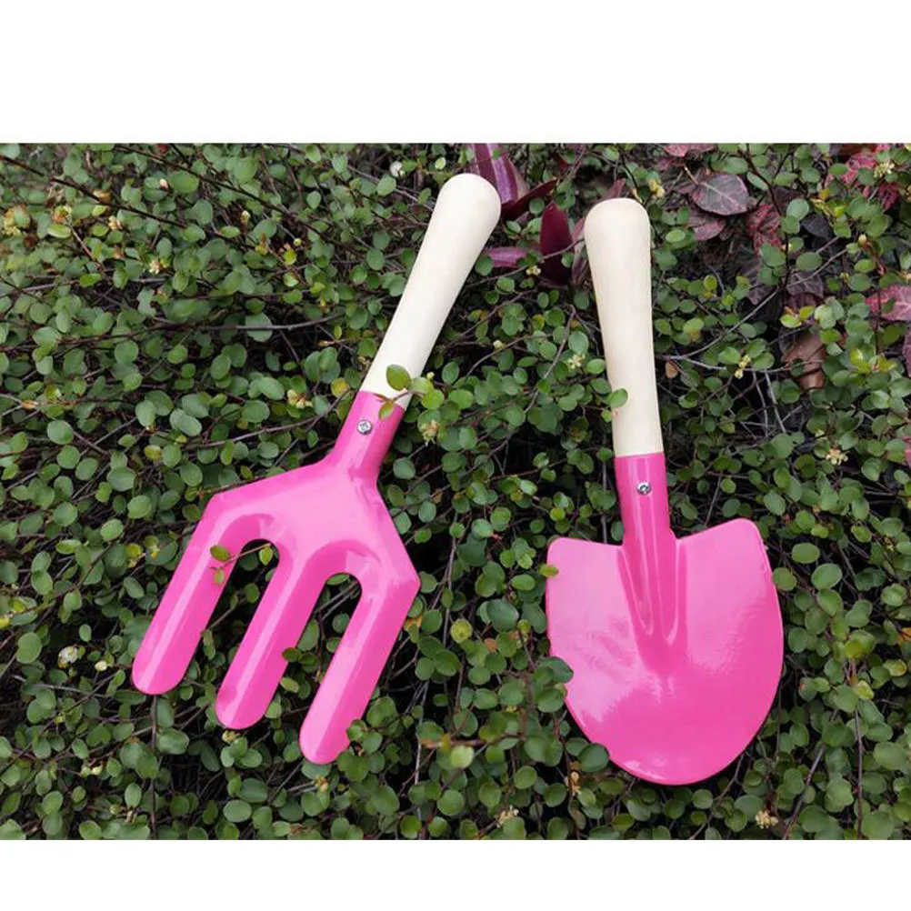 4 pçs crianças conjunto de ferramentas jardim dos desenhos animados flor design alça madeira portátil rega pode pá para crianças plantio quintal areia jogar