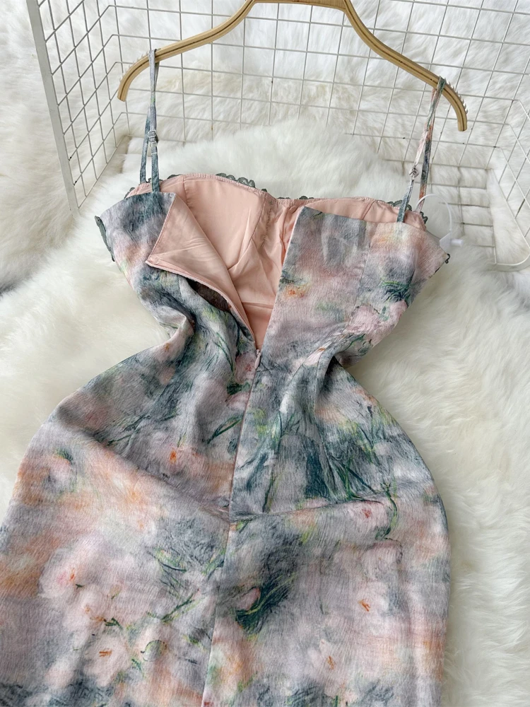 Foamlina Retro Style Chest Padded Floral Lace Trimed Suspender Dress for Women Summer Sexy Sleeveless Printed Party Long Dress