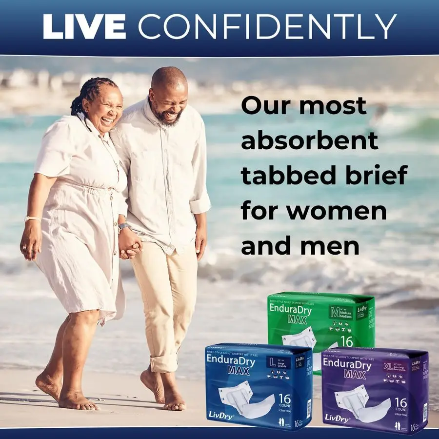 EnduraDry Max Adult Diapers with Tabs, Up to 12Hours, Super Absorbent Incontinence Underwear, Leak Protection Briefs, Medium, 48