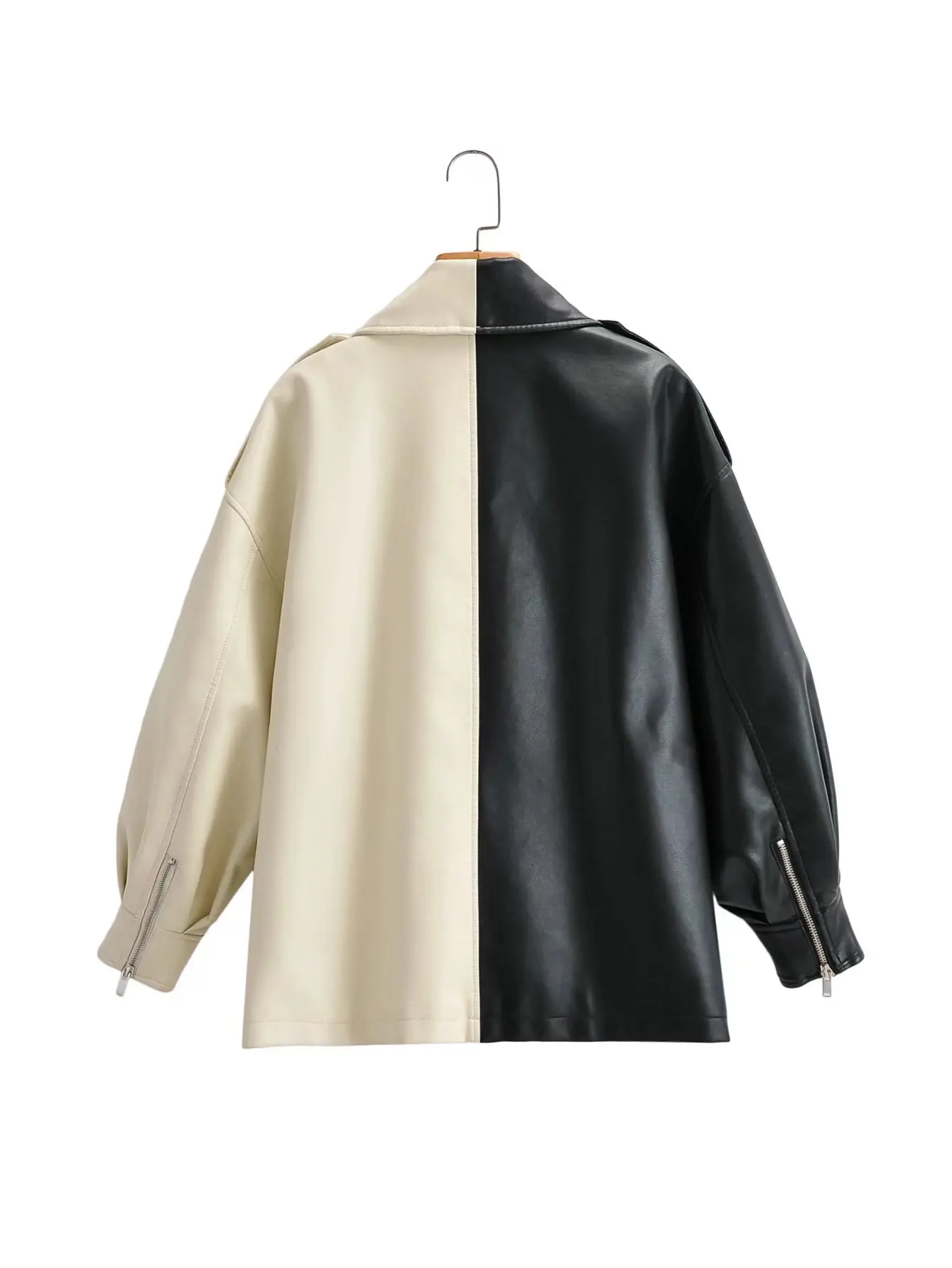 Contrast color Brand New Autumn Women Faux Leather Jacket Casual Loose Soft Pu Motorcycle Punk Leather Coat Female Outerwear