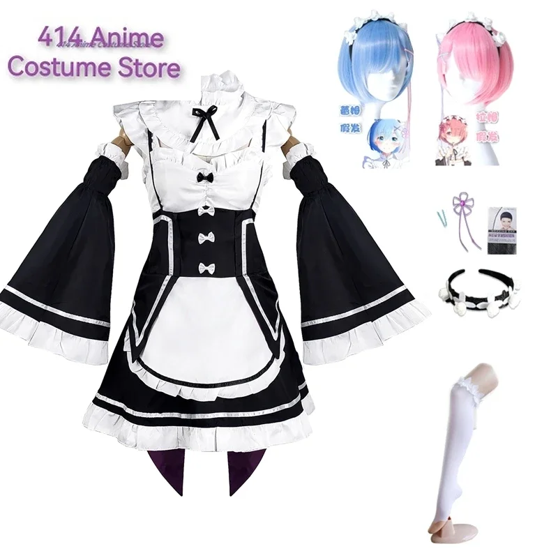 Ram Rem Cosplay Costume Anime Re:zero Kara Hajimeru Isekai Seikatsu Uniform Wig Girl Women Maid Servant Apron Lolita Dress