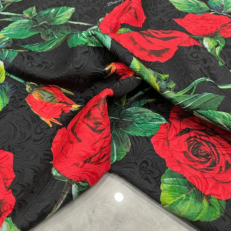 Rose Jacquard Fabric Italian Brand Fashion Design Printing Soft Polyester Satin Fabric Cloth Per Meter Diy Sewing Wholesale