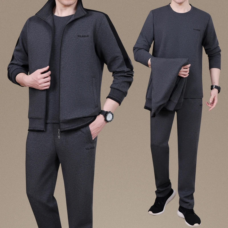 

Повседневный спортивный костюм-тройка для мужчин среднего возраста: весенне-осенний комплект для пап 60+, модный свитшот с длинным рукавом и брюки