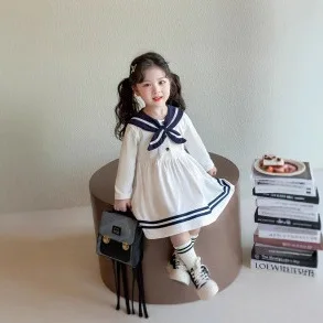 Girls Skirt 2025 Autumn and Winter New Childrens Clothing Girls Baby Navy Collar Long-sleeved Dress Casual Simple All Match