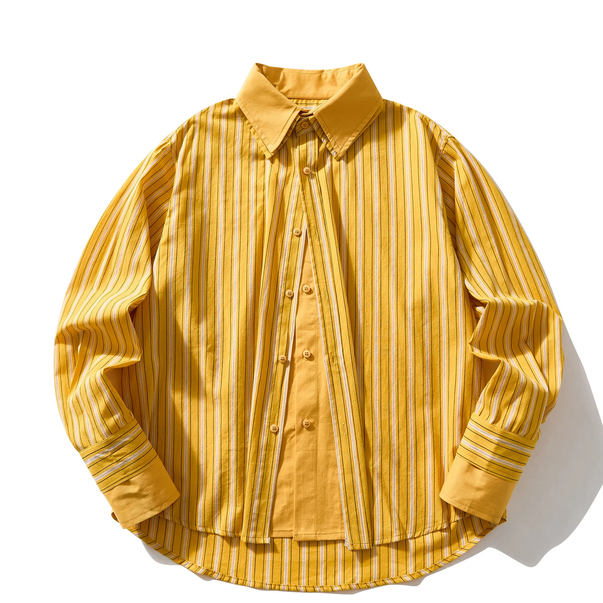 American Casual Dopamine Mock-Layer Striped Workwear Shirt for Men Unisex Loose Long-Sleeve Casual Couple Outerwear 100% Cotton