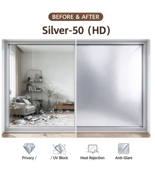 Silver 50 HD Window Film Roll PET Solar Control Anti Glare One Way Privacy Tint Simple DIY Installation For Vehicle House Glass