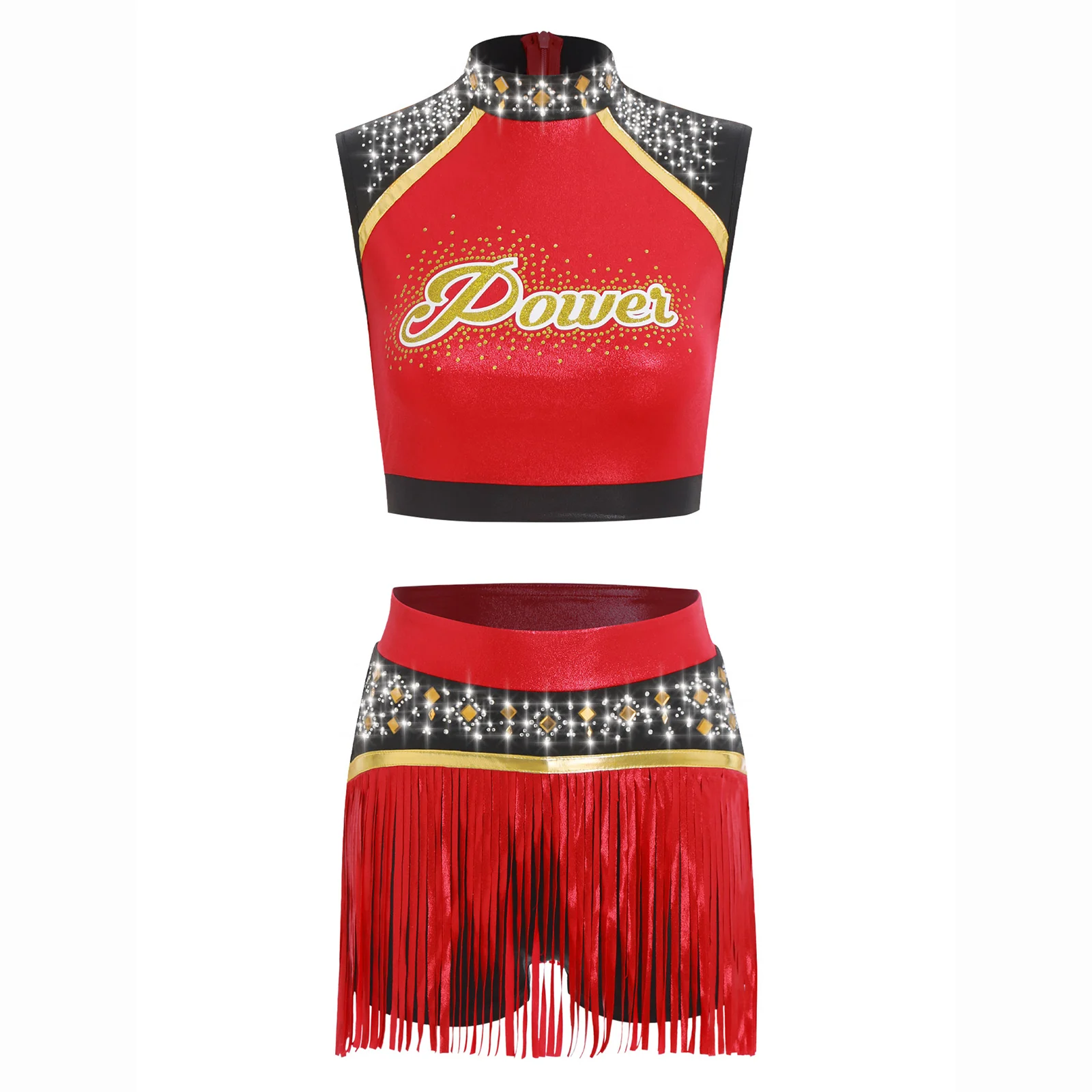 Donne Cheerleader Uniforme High Schoolgirls Cheerleader Costume di danza Strass lucido Canotta + Nappe Gonne Pantaloncini Set 2 pezzi