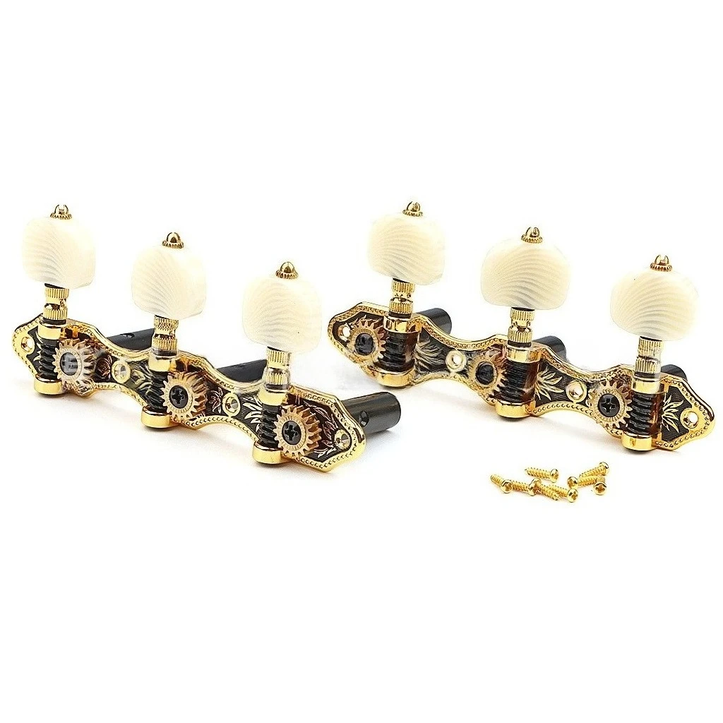 3+3 Gold Classical Guitar Tuners 3 In‑Line Machine Heads Ornate Engraved Tuning Pegs With Shell Knobs For Classical Guitar