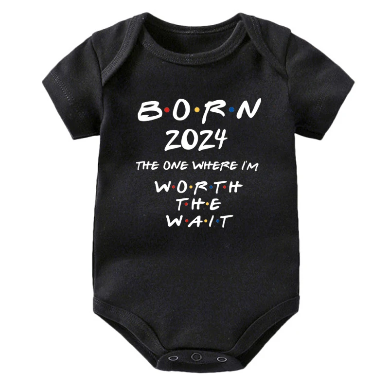 Baby Announcement Born 2024 Worth The Wait Newborn Baby Bodysuits Summer Boys Girls Romper Body Pregnancy Reveal Clothes