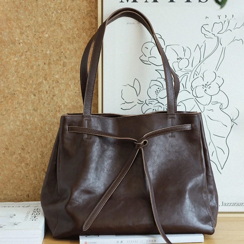 simple designer handmade high-quality soft genuine leather women's high-capacity tote bag casual vintage 14-inch laptop handbag