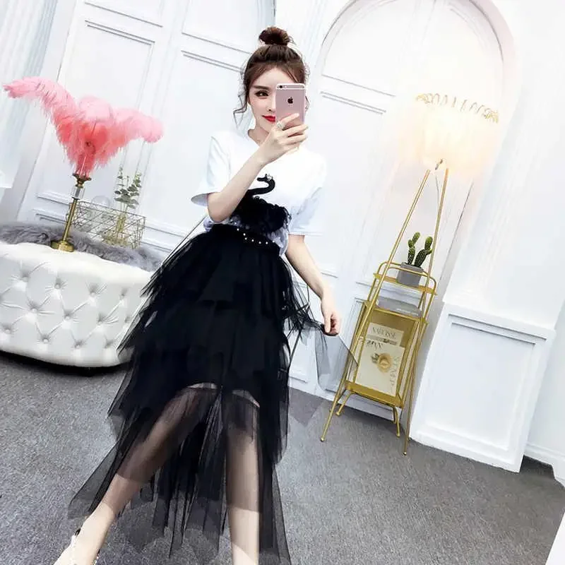 Women's Two Piece Set Skirt Mature Pink Midi Female Outfits Kawaii Short Sleeve Beach Black Vacation 2024 Clothing Luxury Trend