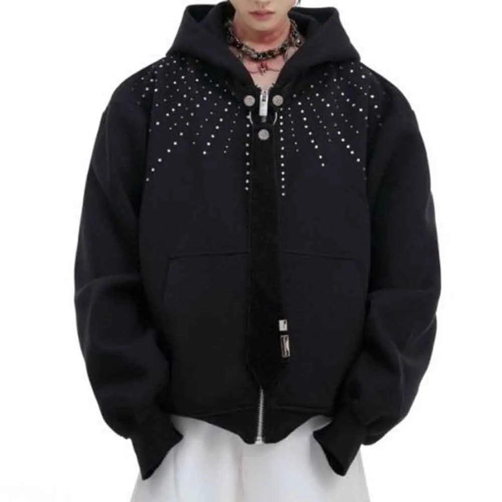 

Autumn New Men's Diamond-Studded Hooded Sweatshirt American Retro Fashion Trend High Street Loose Casual Niche Men's Tops 2025