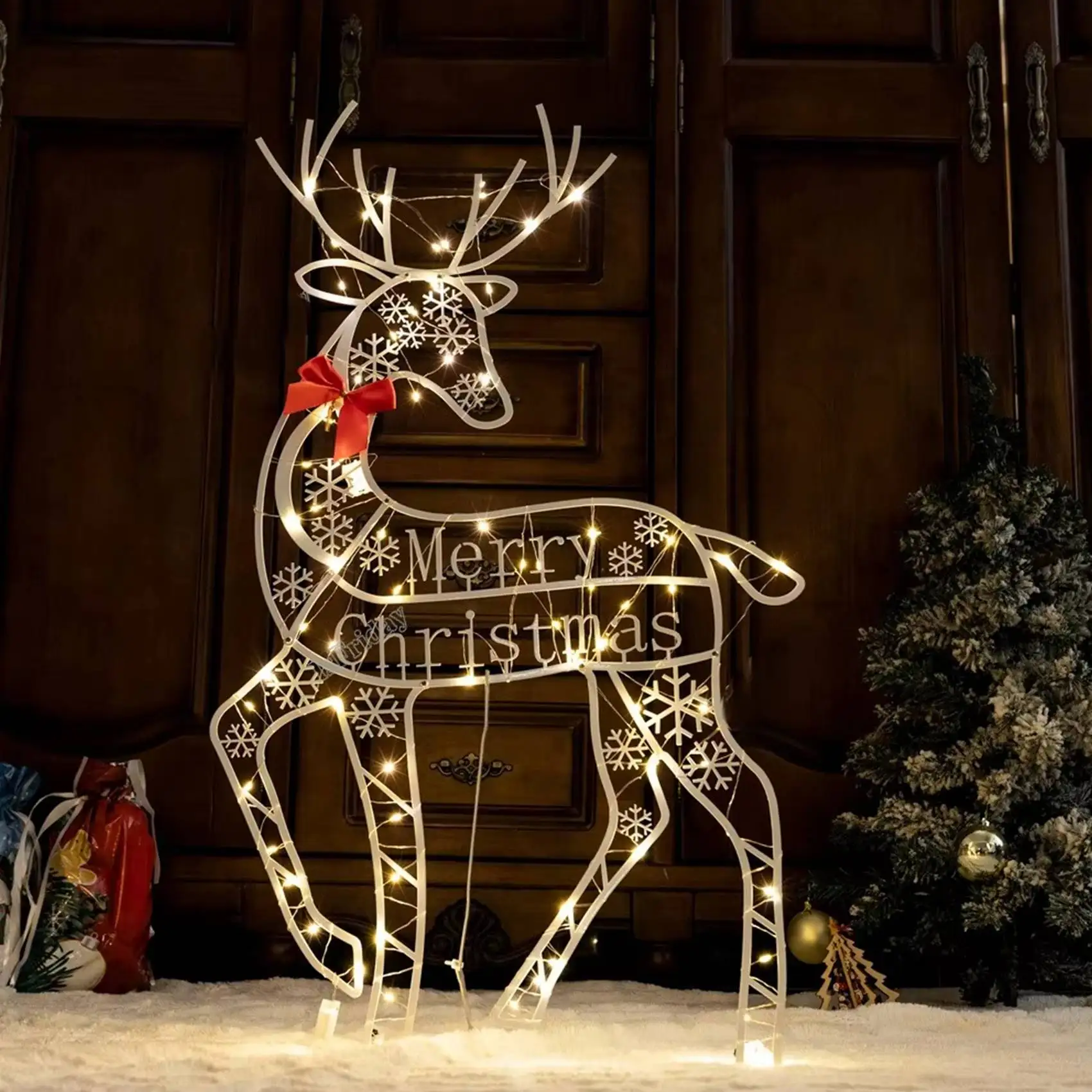9PCS Handmade Iron Artelk Deer Christmas Garden Decor &LED Light Glowing Glitter Reindeer Xmas Home Outdoor Yard Decor