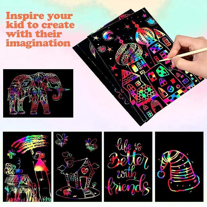 16/60Pcs Scratch Paper Kids Rainbow Magic Scratch Off Paper Sheets Art Craft Kit Black Note Paper Drawing Pads with Stencils