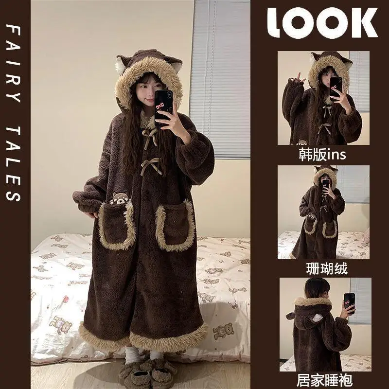 

Women's Pajama Set Comfortable Sleepwear Coral Autumn Winter Thickened Nightgown Home Clothes Suit Cute Hooded Brown Bear Warm