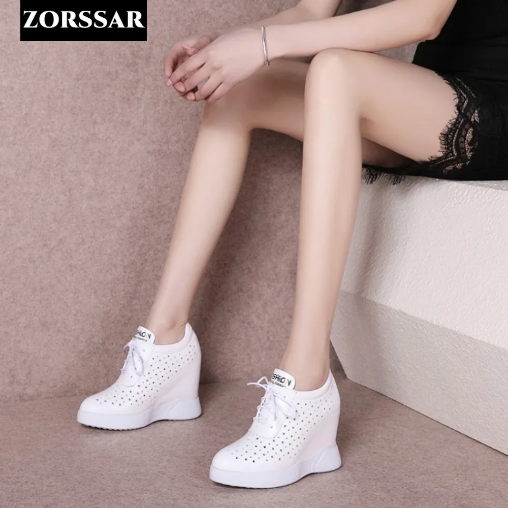 

Women Vulcanized Shoes Chunky Sneakers Air Mesh Hollow Out Genuine Leather White Wedge Shoes Platform Heel Pumps Mujer Bombas