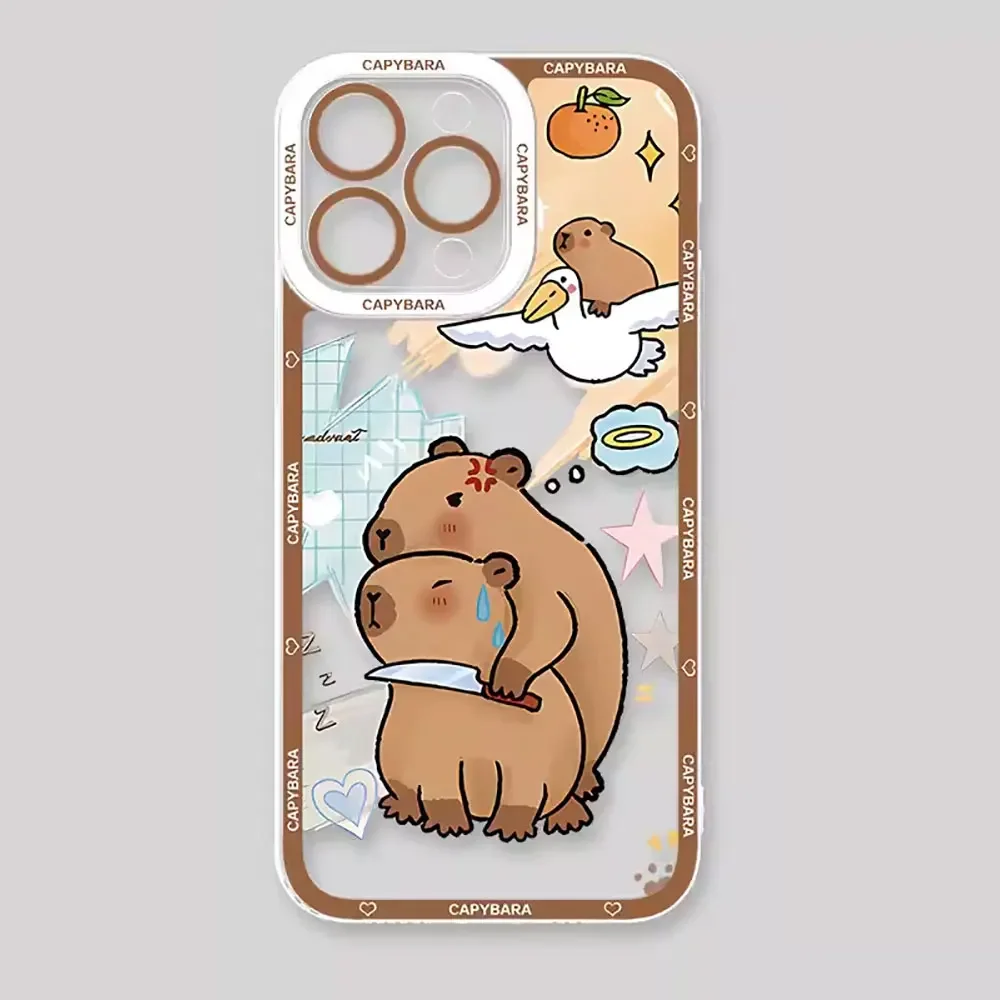 Cartoon Animal Capybara Couple Phone Case for IPhone 13 12 11 14 16 15 Pro XS MAX 7 8 Plus 13Mini X SE2 Transparent Cover Fundas