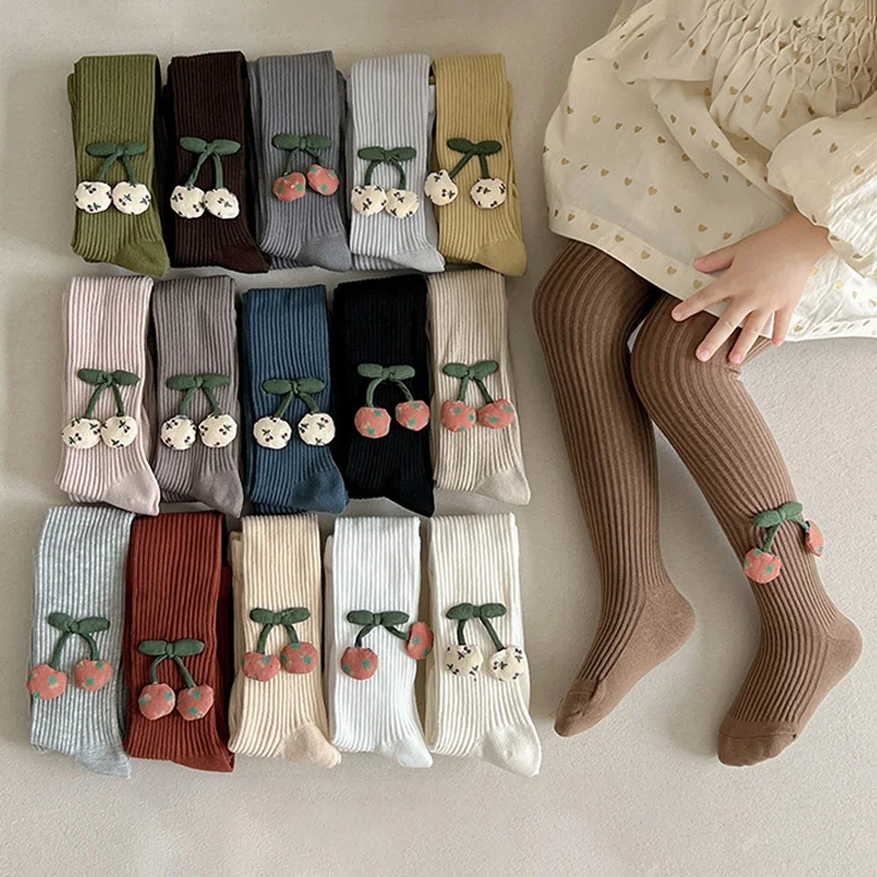 

Children Pantyhose Cute Cherry Girls Tights Spring Autumn Knit Pant Sock Cotton Kids Leggings Elasticity All Match Baby Clothing