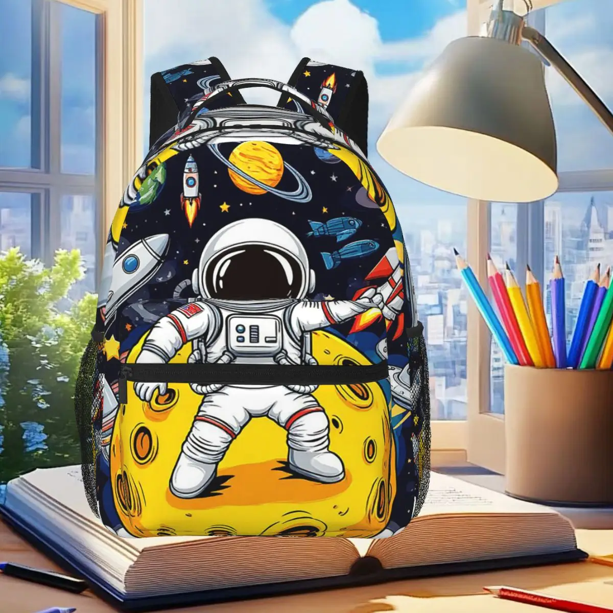 Astronauts Riding Monster Rocket Pattern Backpack Student Boys Girls BookBag Kids School Bag Laptop Shoulder Bags for Men Women