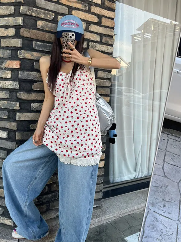 Zoete bloemenprint strapl kanten rand Dr dames zomer casual losse taille geen Sve V-Ne lange Dr-jurk