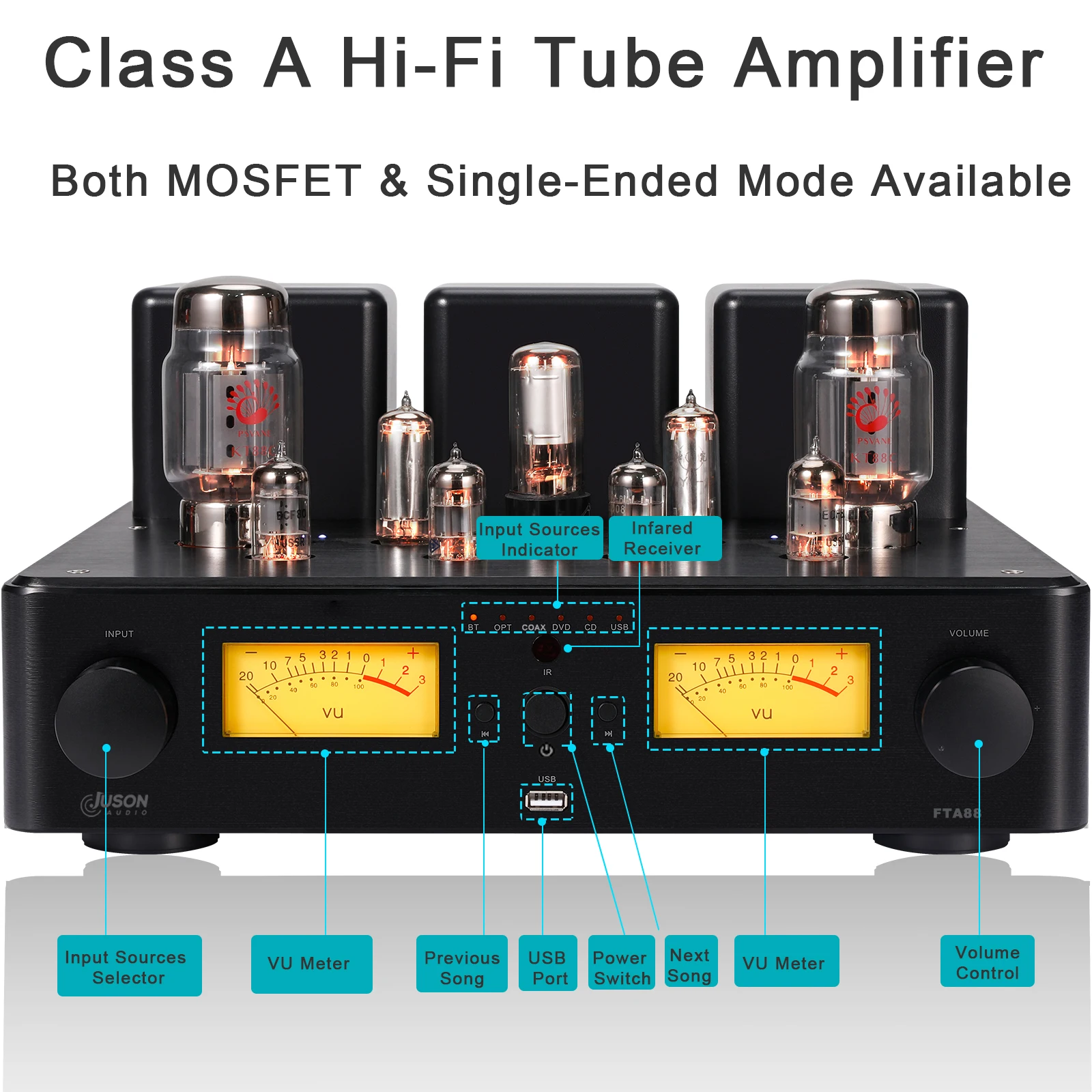 Juson Audio FTA88 180W KT88 HIFI Intergrated Tube Amplifier Class A Vacuum Amp With Mosfet Single Ended Dual Mode Remote aptX-HD