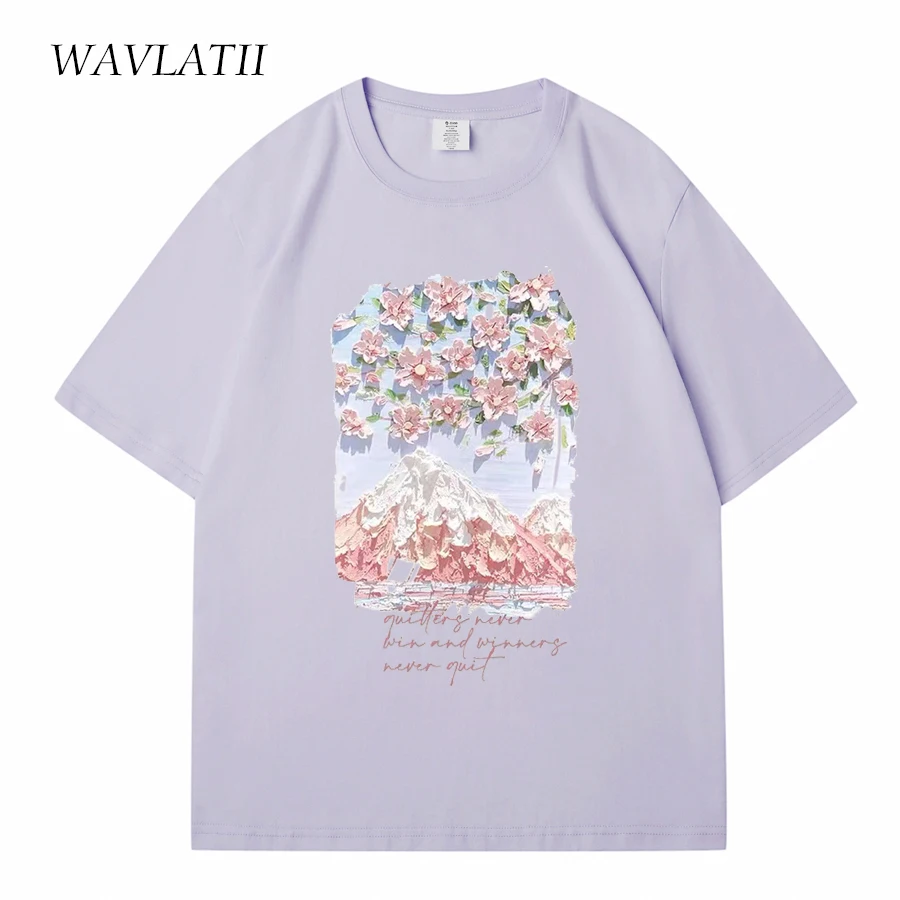 WAVLATII Women 100% Cottom Summer T shirts Female Lavender Streetwear Printed Tees Lady Green Casual Short Sleeve Tops WT2328