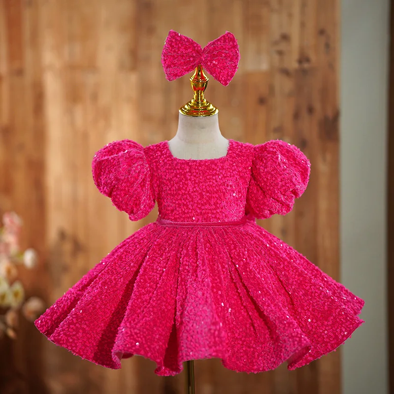 KLFLGD Toddler Pageant Dress Velvet Bubble Sleeves Big Bow Girl Party Dress Flower Girl Wedding Dress Girl Carnival Evening Dres