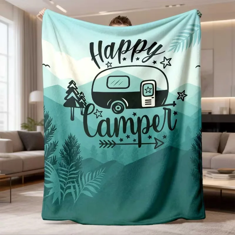 Happy Camper RV Mountain Forest Print Flannel Blanket Soft Teal Gradient Outdoor Camping Blanket Travel Sofa Bed Decor