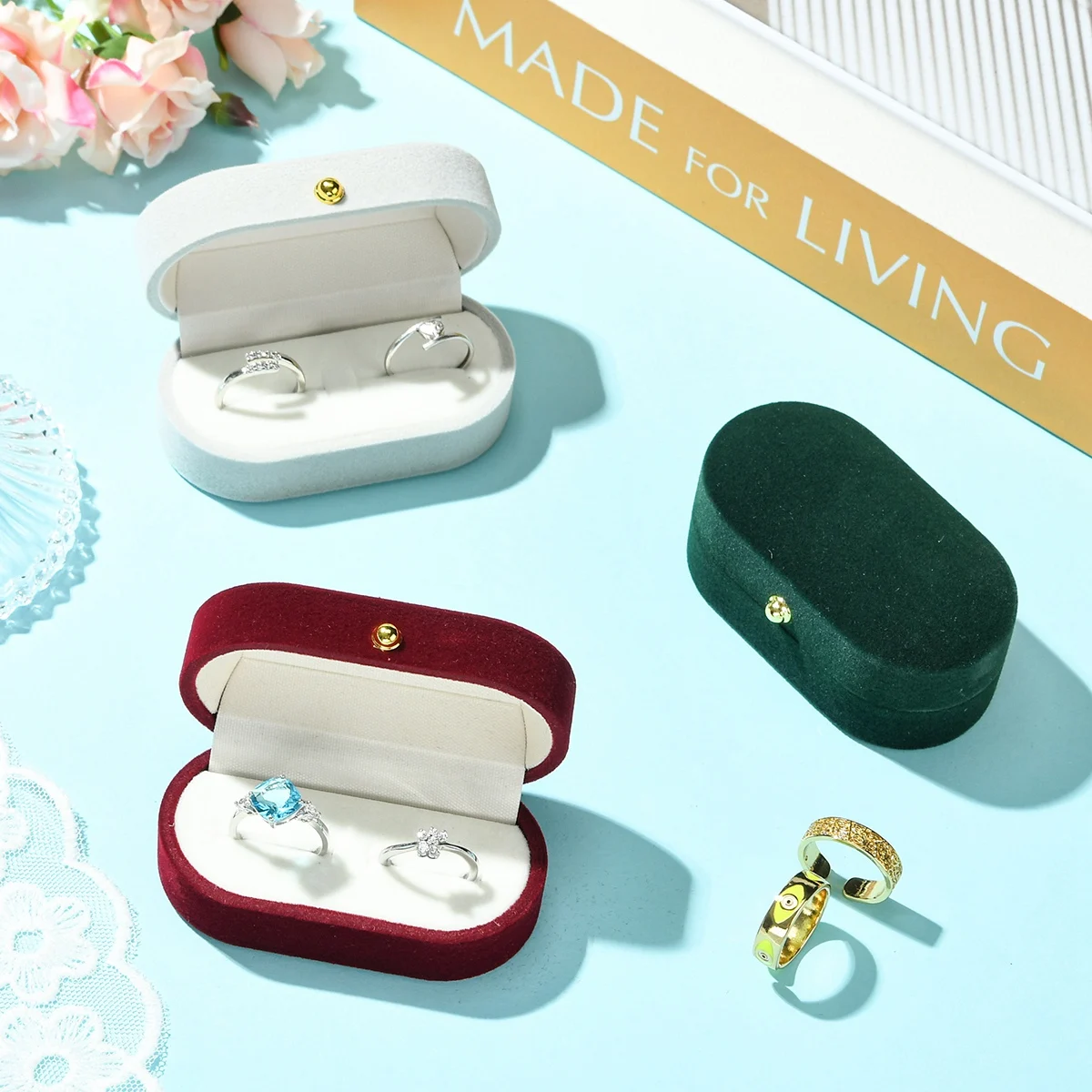 1 Buah Kotak Cincin Pasangan Beludru Persegi Panjang untuk Penyimpanan Perhiasan, Organizer, Display, Kemasan Hadiah
