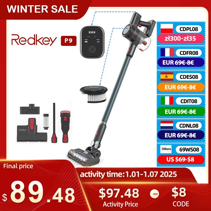 Redkey-P9 Cordless Vacuum Cleaner, 30Kpa, 8 in 1 Wireless Vacuum, 350W, Double HEPA Filters, Detachable Battery ,LED Display