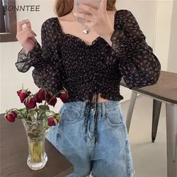 Women Blouses Flare Sleeve Square Collar Floral Slim French Style Elegant Sweet Folds Lace-up Ruched Ruffles Spring Chic Fashion