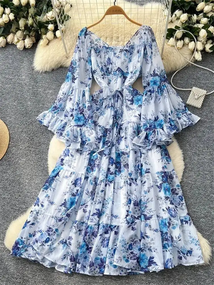 Vestido de praia francês feminino sexy fora do ombro manga alargada floral chiffon vestidos longos outono folha de lótus babados longo robe