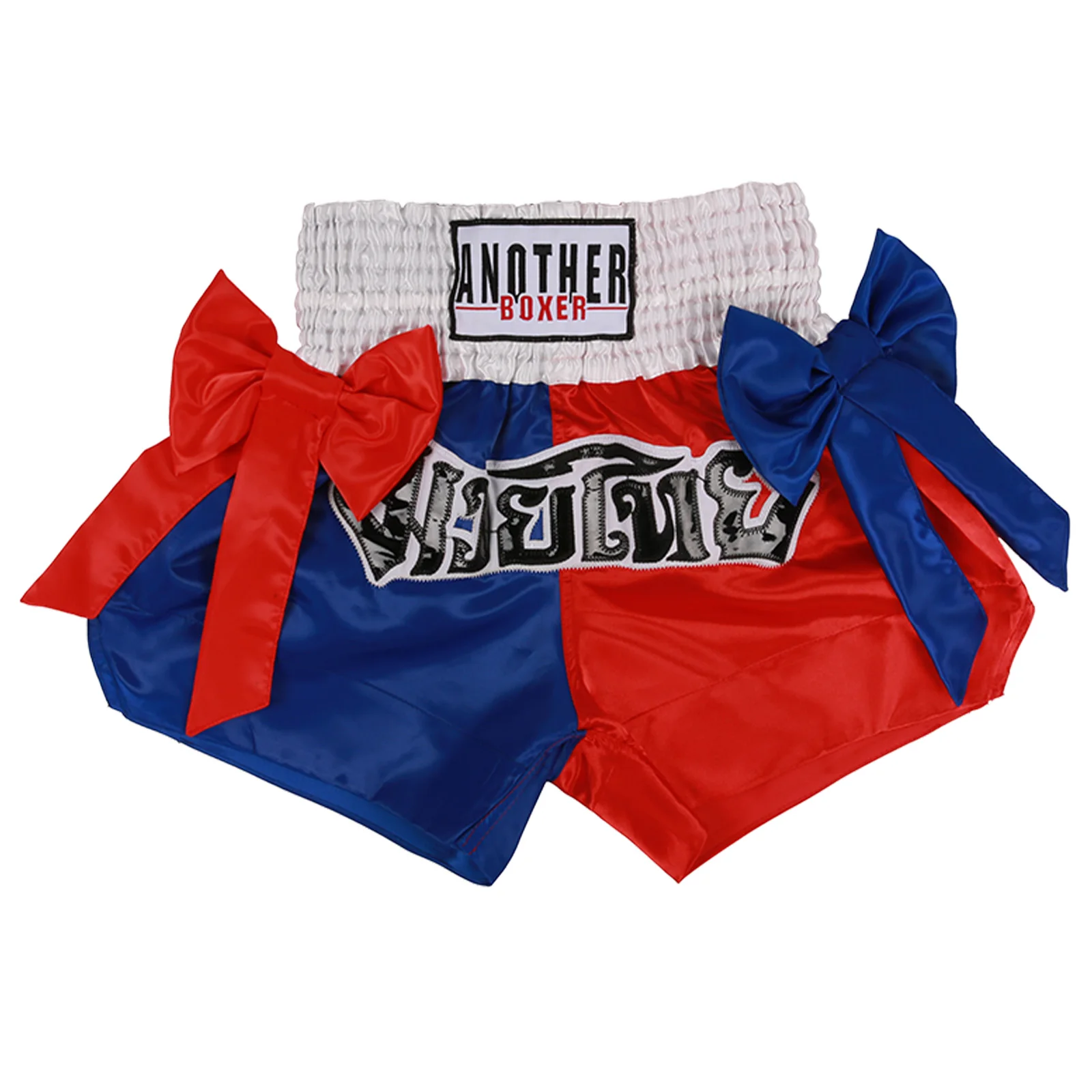 Girls Boys Patchwork Boxing Shorts Wide Waistband Letter Applique Side Slit Boxer Training Fitness Trunks with Bowknots