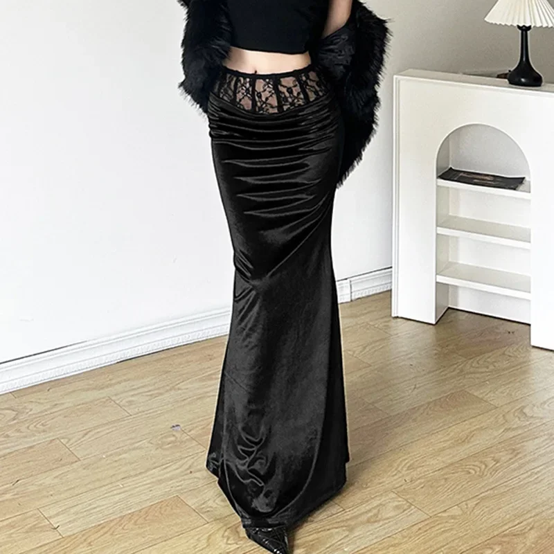 Elegant Mall Gothic Velvet Trumpet Skirts Y2k Partywear Lace Patchwork Sexy Long Skirt Ladies Evening Black Slim Cloth