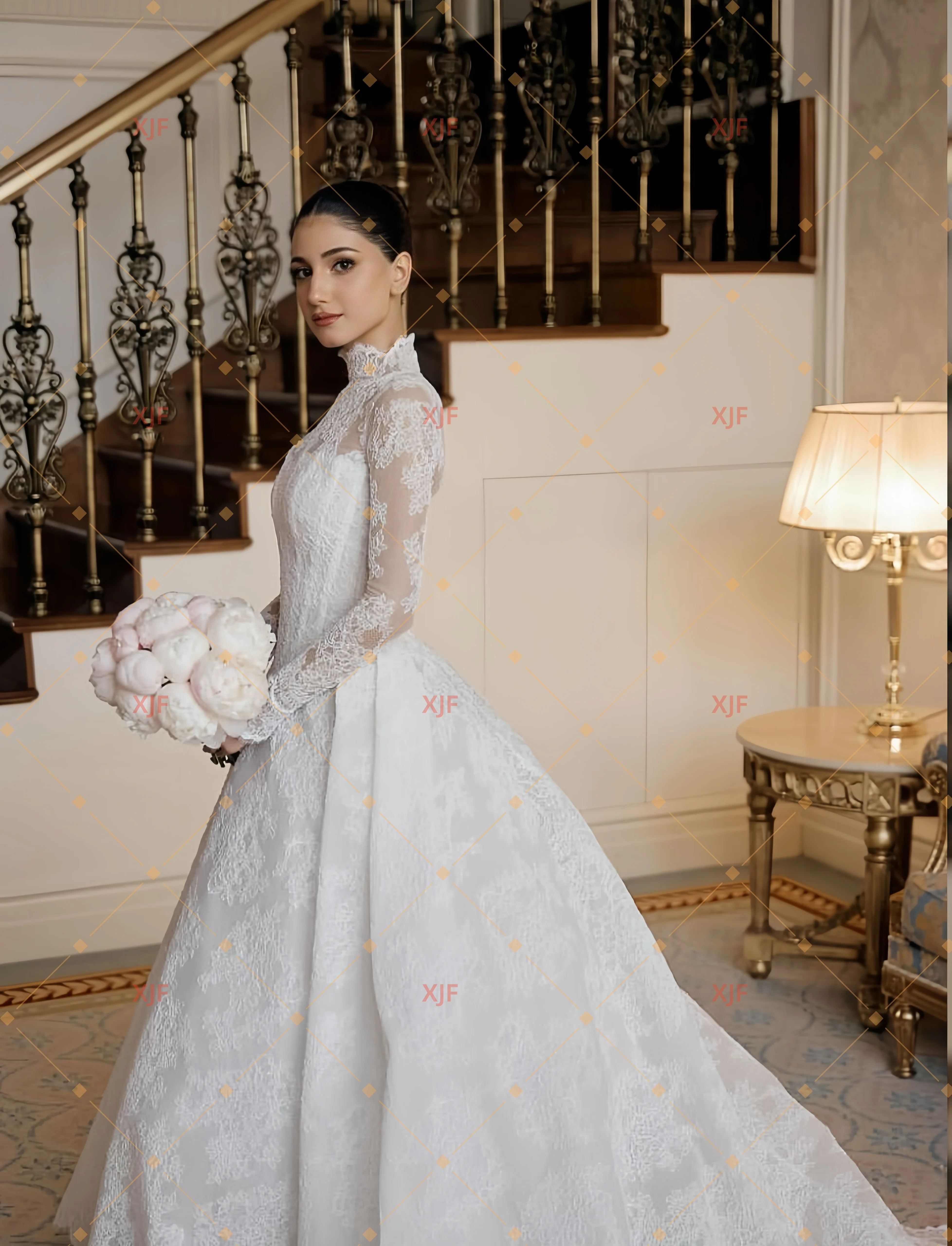 Maßgeschneidertes Hochgeschlossenes Langärmliges A-Linien Spitzen-Elegantes Hochzeitskleid Vestidos De Novia Amanda Novias Amanda Novias Offiziell