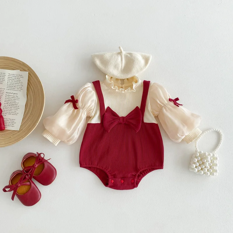 Newborn Baby Princess Romper for Children's Sweet Christmas Clothing Red Girls Bodysuit Peter Pan Collar Toddler One Piece Suit